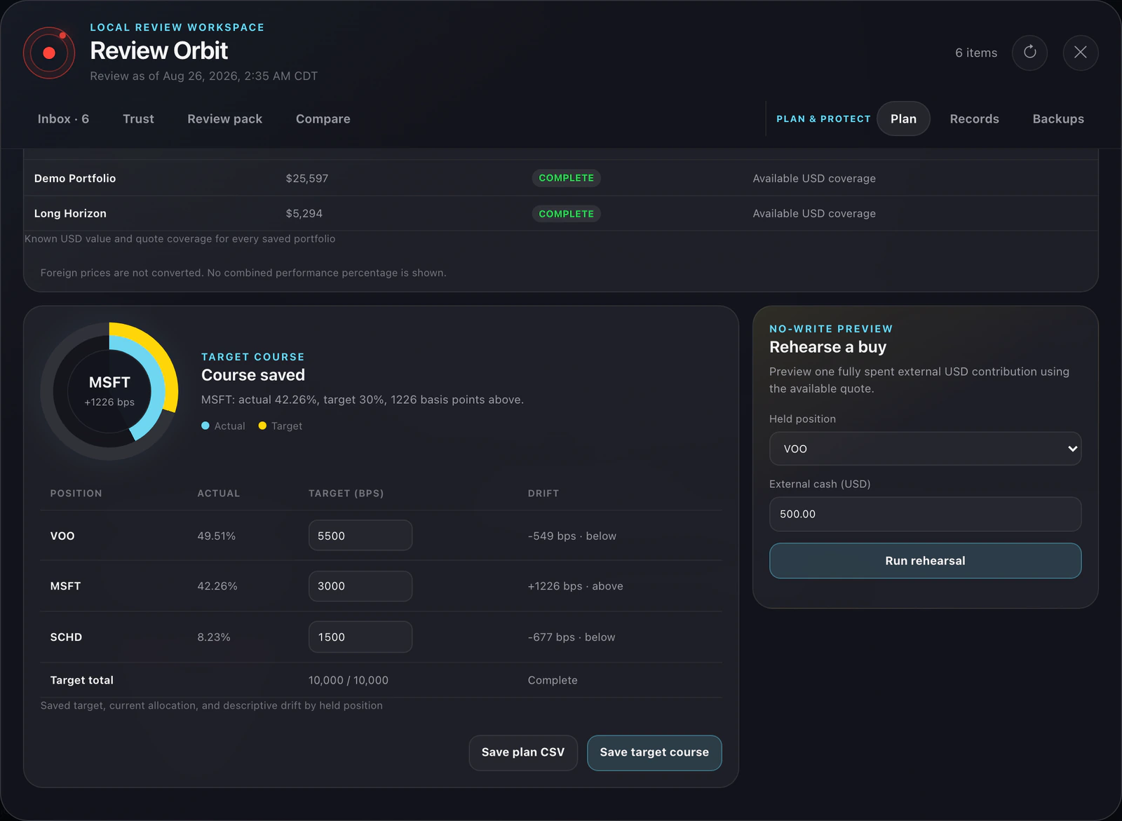 Review Orbit Plan and Protect with fictional target allocations and a read-only buy rehearsal.