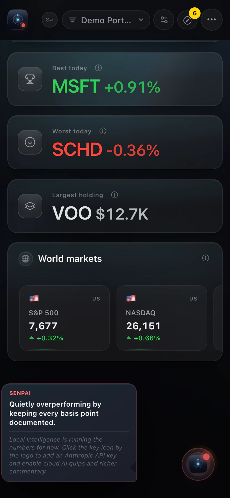 Fictional FolioOrb demo data at phone width, with Senpai expanded in its own row below the World markets card instead of covering portfolio values