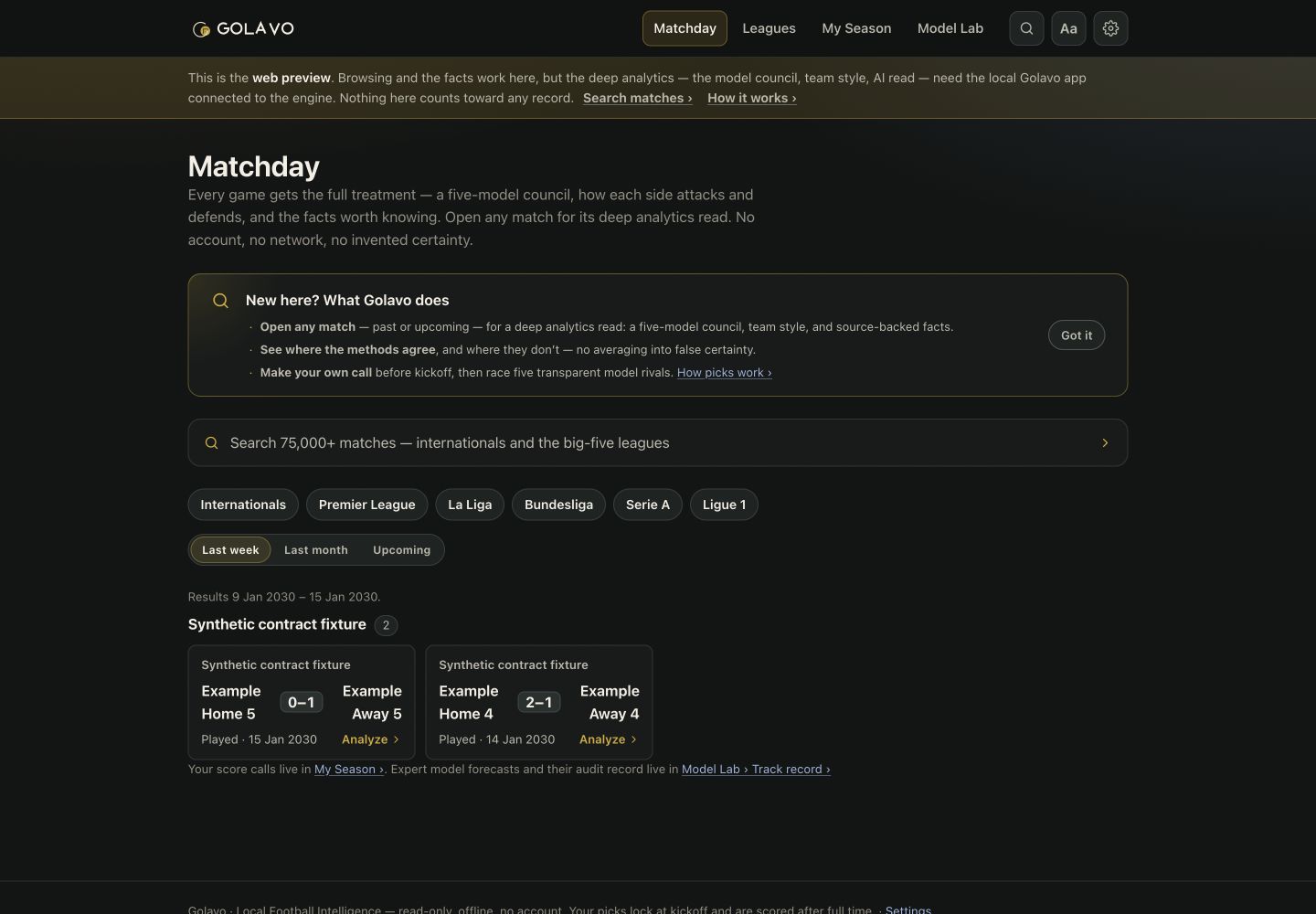 Golavo Games home with match search, league shortcuts and recent World Cup results