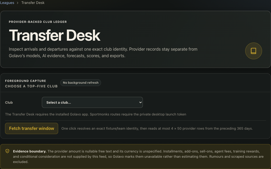 Golavo Transfer Desk before an explicit provider fetch, with exact club selection and the payment evidence boundary