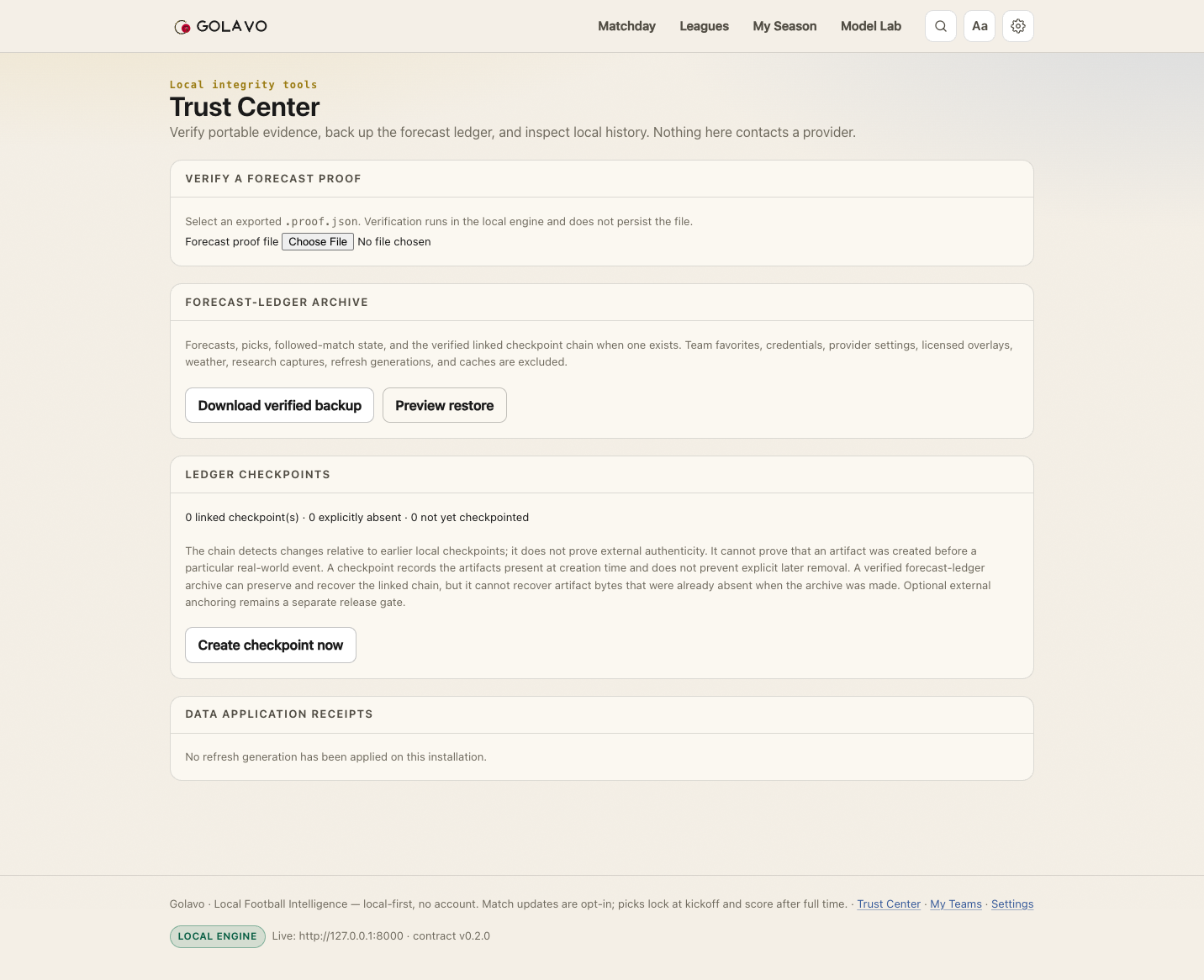 Trust Center with local proof verification, forecast-ledger backup and restore, ledger checkpoints, and data-application receipts