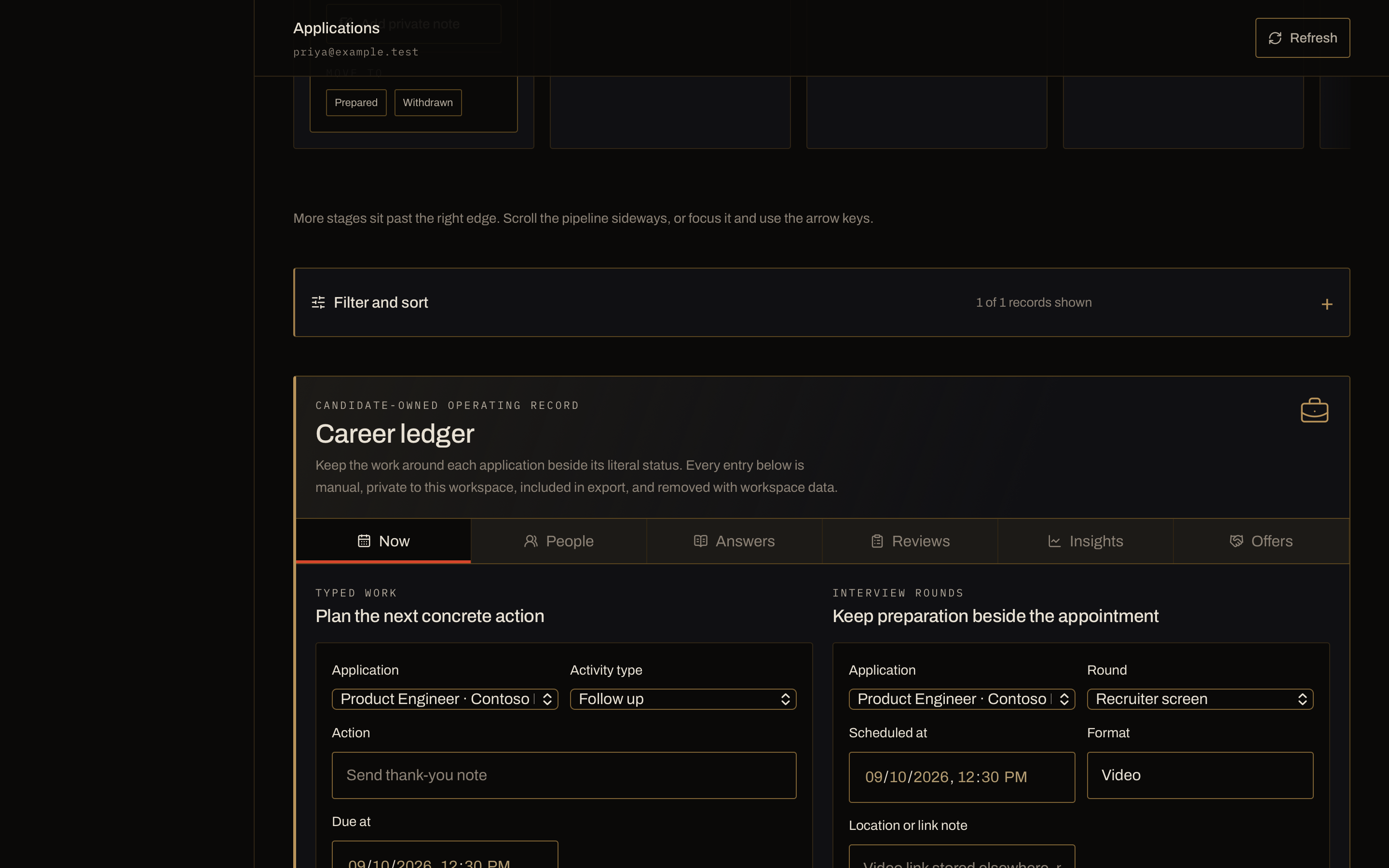 Synthetic Nimanto Applications workbench with an action-first pipeline and candidate-owned Career Ledger
