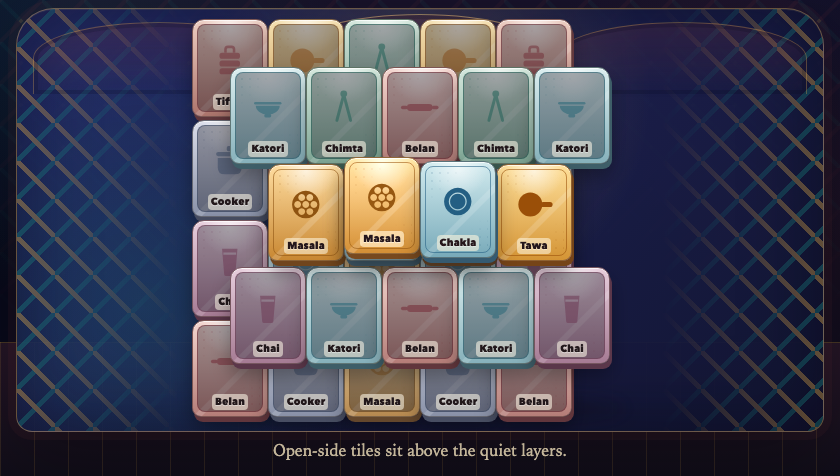 The real Deeper Masala Mound board with four overlapping layers and four bright open-side crown tiles.