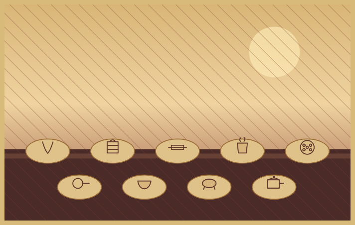 The real Dawn canvas: nine kitchen forms resting on brass plates in warm first light.
