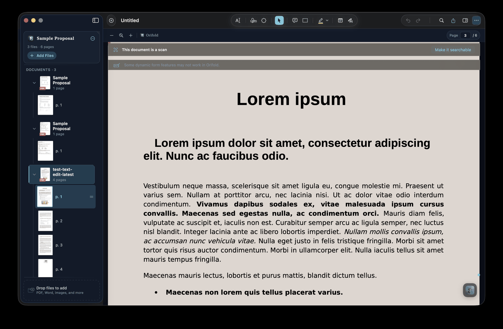 Three documents in one workspace's sidebar, each expanded to show its page thumbnails, ready to drag pages between them.