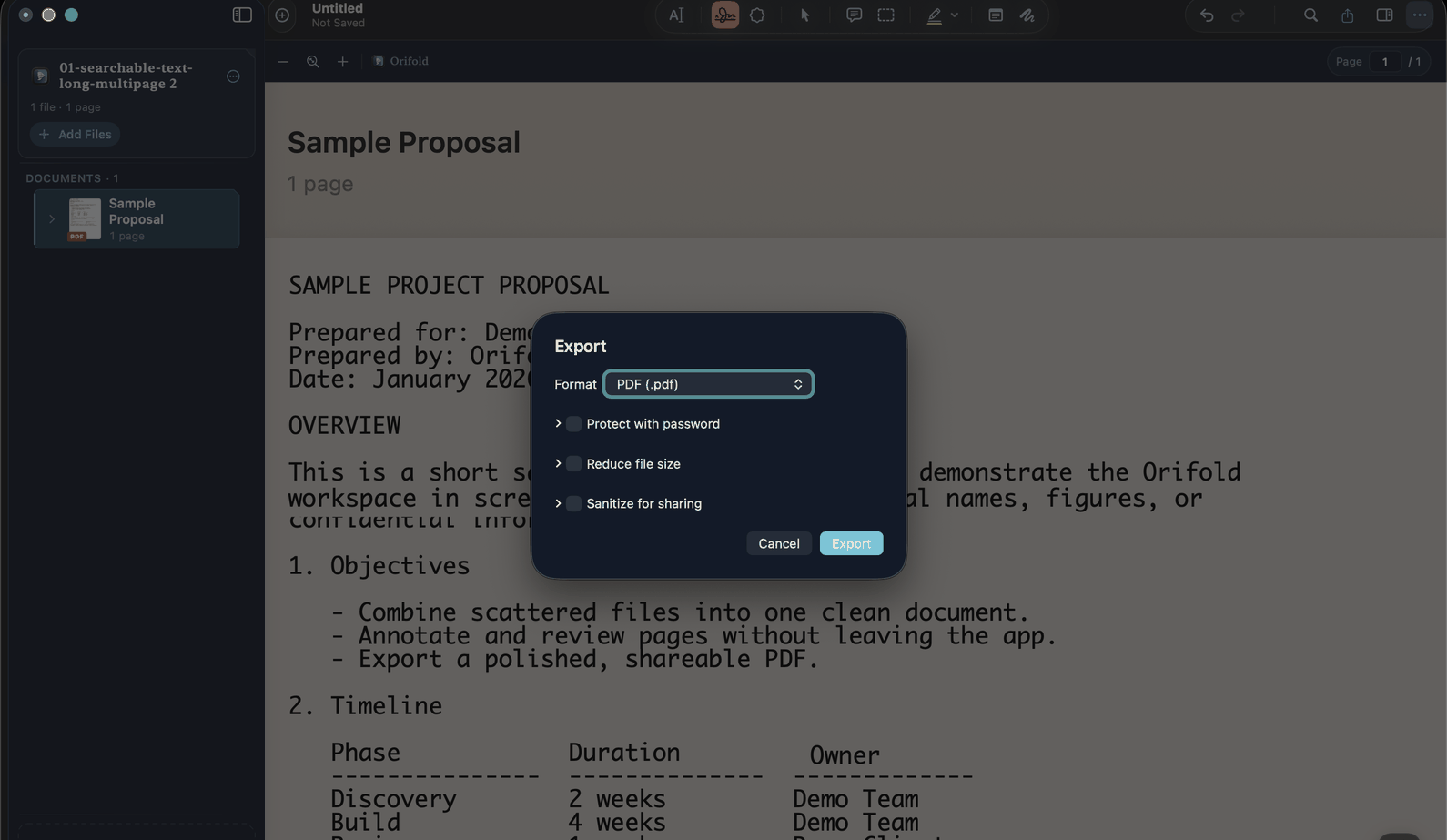 The Export dialog: Format set to PDF (.pdf), with Protect with password, Reduce file size, and Sanitize for sharing checkboxes, and Cancel / Export buttons.