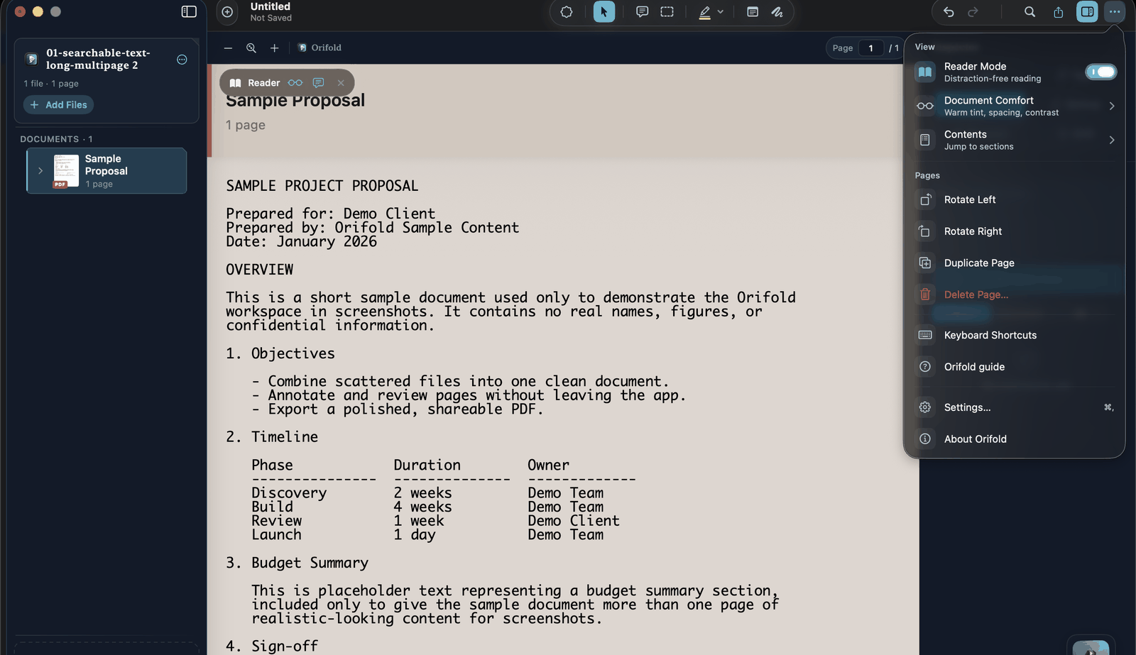 The ··· menu open, showing the Pages section with Rotate Left, Rotate Right, Duplicate Page, and Delete Page actions for the current page.