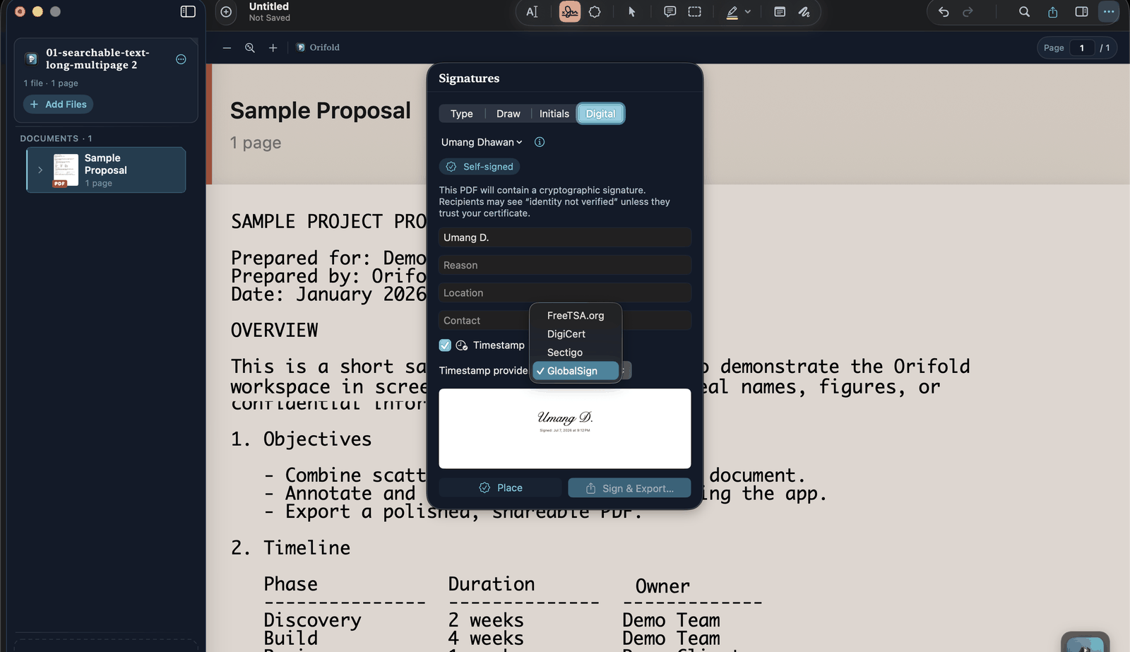 The Signatures palette with Digital selected, a self-signed identity chosen, a timestamp provider picker open (FreeTSA.org, DigiCert, Sectigo, GlobalSign), and a signature preview reading 'Umang D., Signed: Jul 7, 2026'.