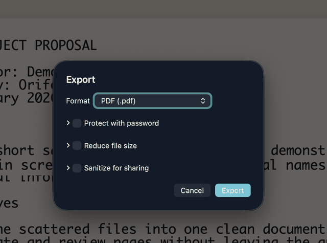 The Export dialog with Protect with password, Reduce file size, and Sanitize for sharing options, ready before export.