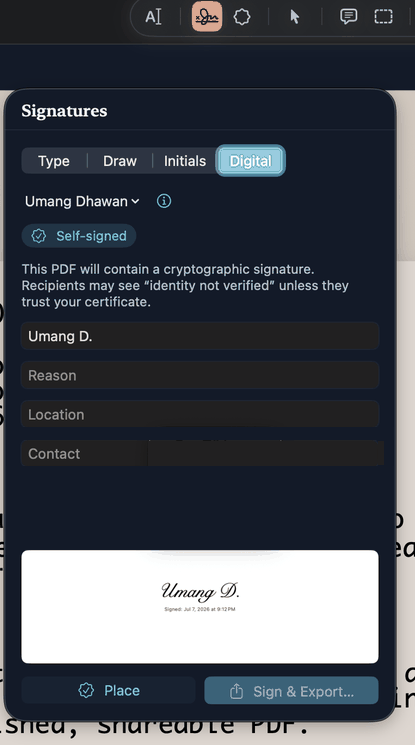 The Signatures panel with Digital selected, a self-signed identity chosen, and a live cursive signature preview reading 'Umang D.' with a 'Signed: Jul 7, 2026 at 9:12 PM' timestamp below, before Sign & Export.