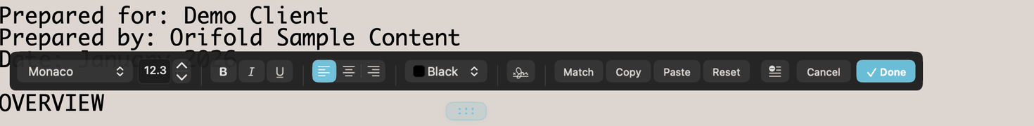 A floating text-formatting toolbar — font, size, style, alignment, color, Match/Copy/Paste/Reset — hovering directly over a real PDF page mid-edit.