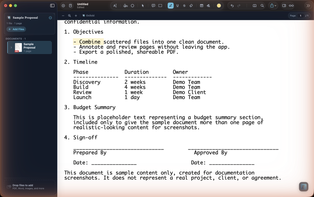 The highlight tool active in the annotation toolbar, with a yellow highlight placed over a line of text on the page.