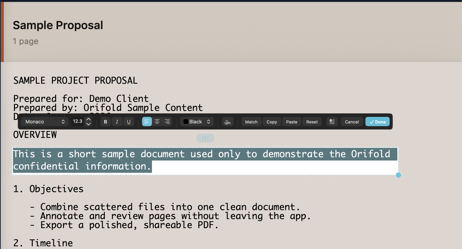 A sentence of detected PDF text selected for editing, with a floating formatting toolbar offering font, size, bold, italic, underline, alignment, color, Match, Copy, Paste, Reset, and Done.
