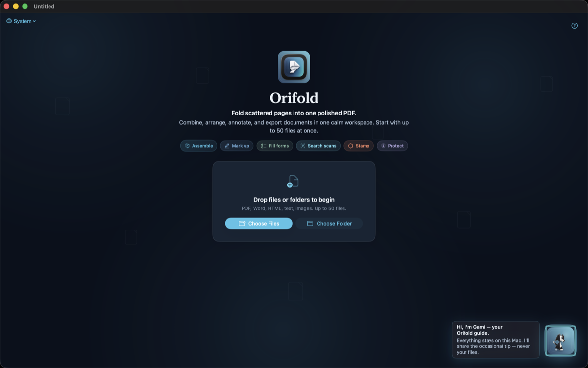 The empty-state screen just after picking a companion, with Gami the origami Bernedoodle in the corner and a short greeting bubble, above the drop zone for adding files.