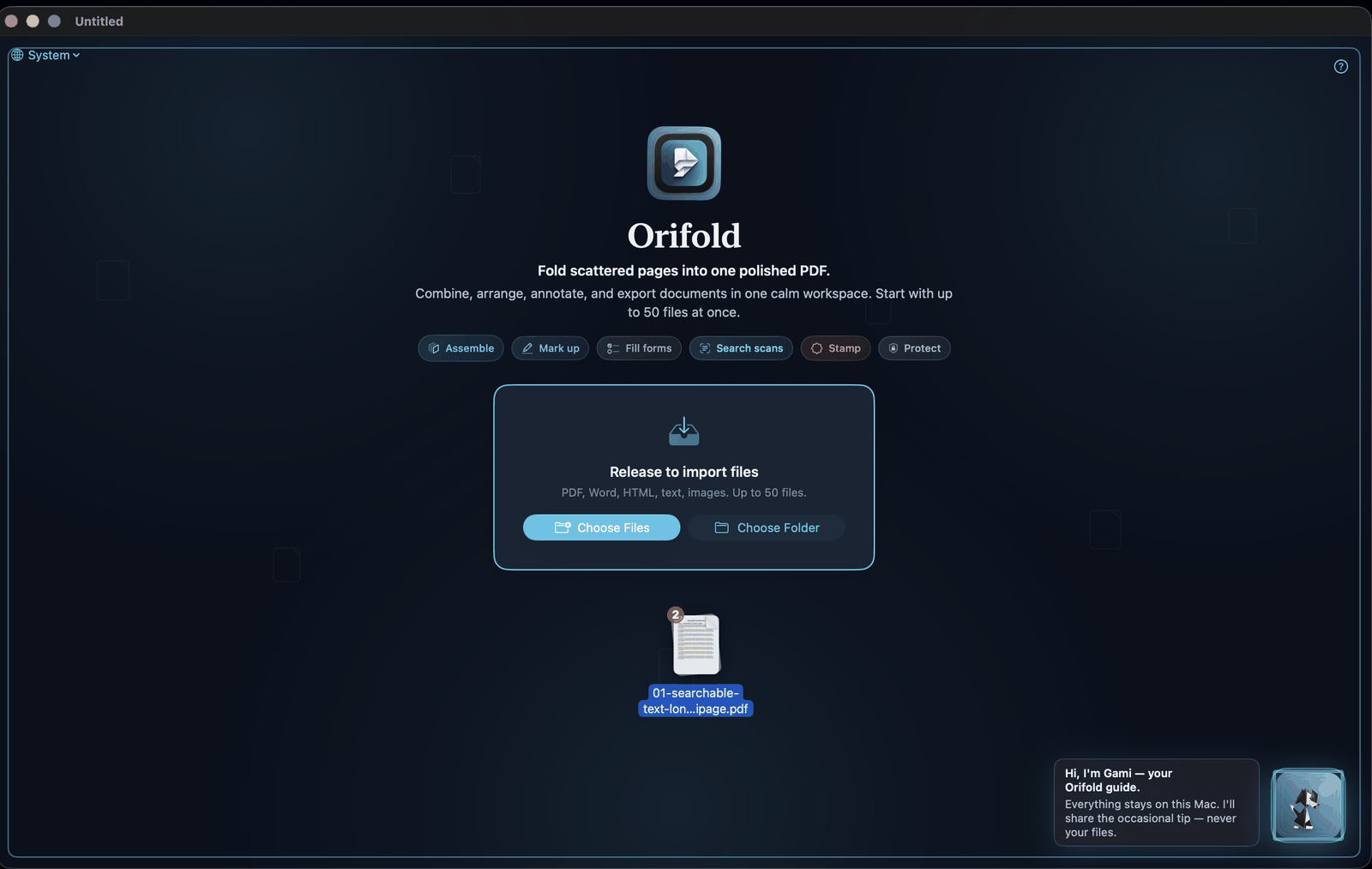 Orifold's import screen, mid drag-and-drop, with a file about to drop into the 'Release to import files' zone and Gami greeting in the corner.