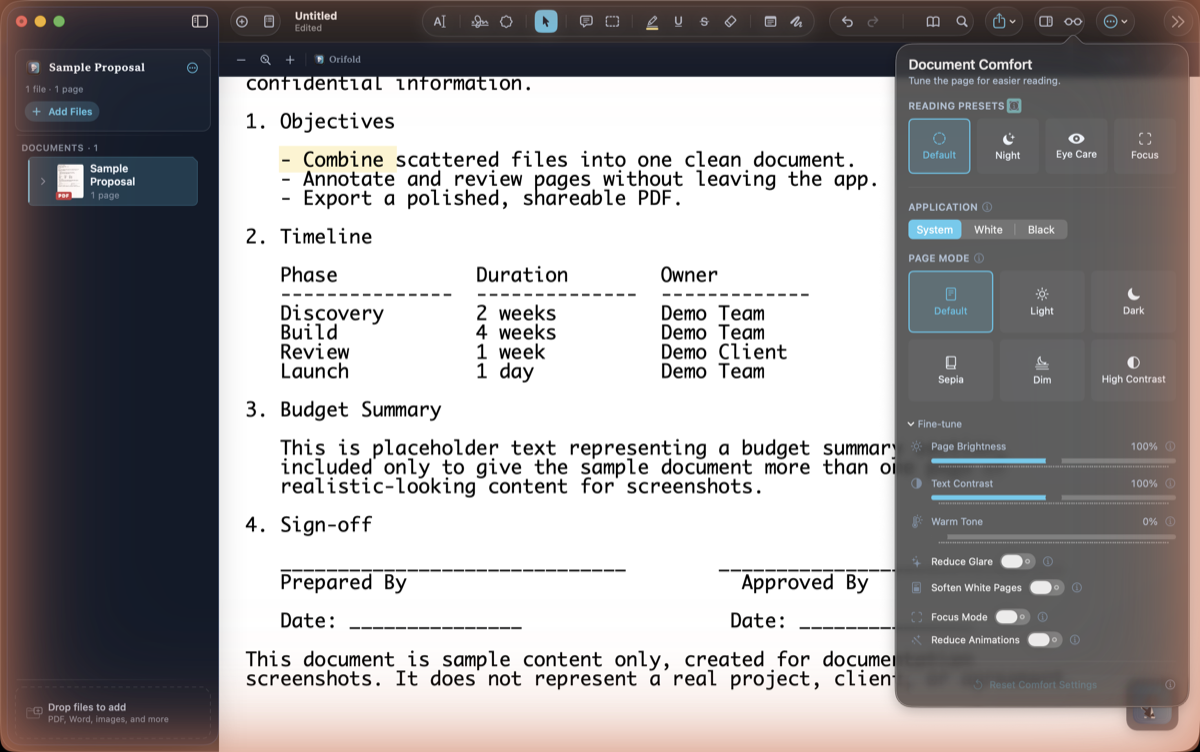 The Document Comfort popover open, showing Reading Presets (Default, Night, Eye Care, Focus), Application and Page Mode options, and Fine-tune sliders for brightness, contrast, and warmth.