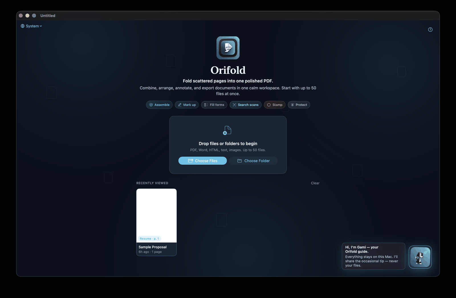 The empty-state screen with a Recently Viewed shelf showing a thumbnail for Sample Proposal, labeled 'Resume · p. 1' and '6h ago · 1 page'.