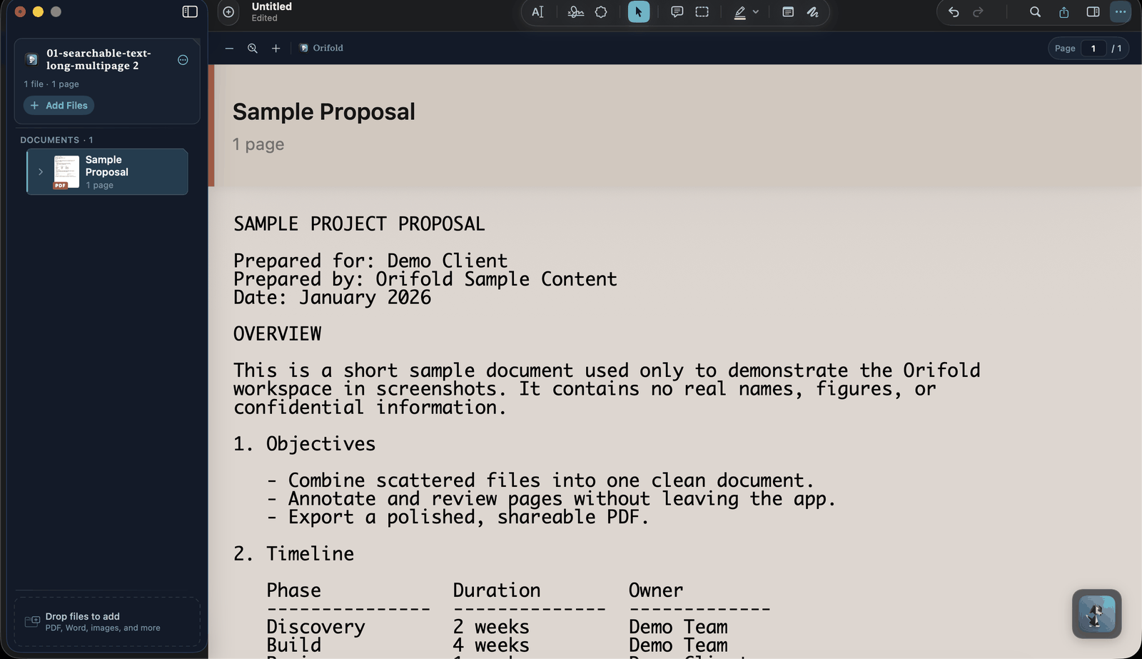 The Orifold workspace: a document sidebar on the left, a PDF open on the canvas, a floating markup toolbar across the top, and the paper companion resting in the corner.