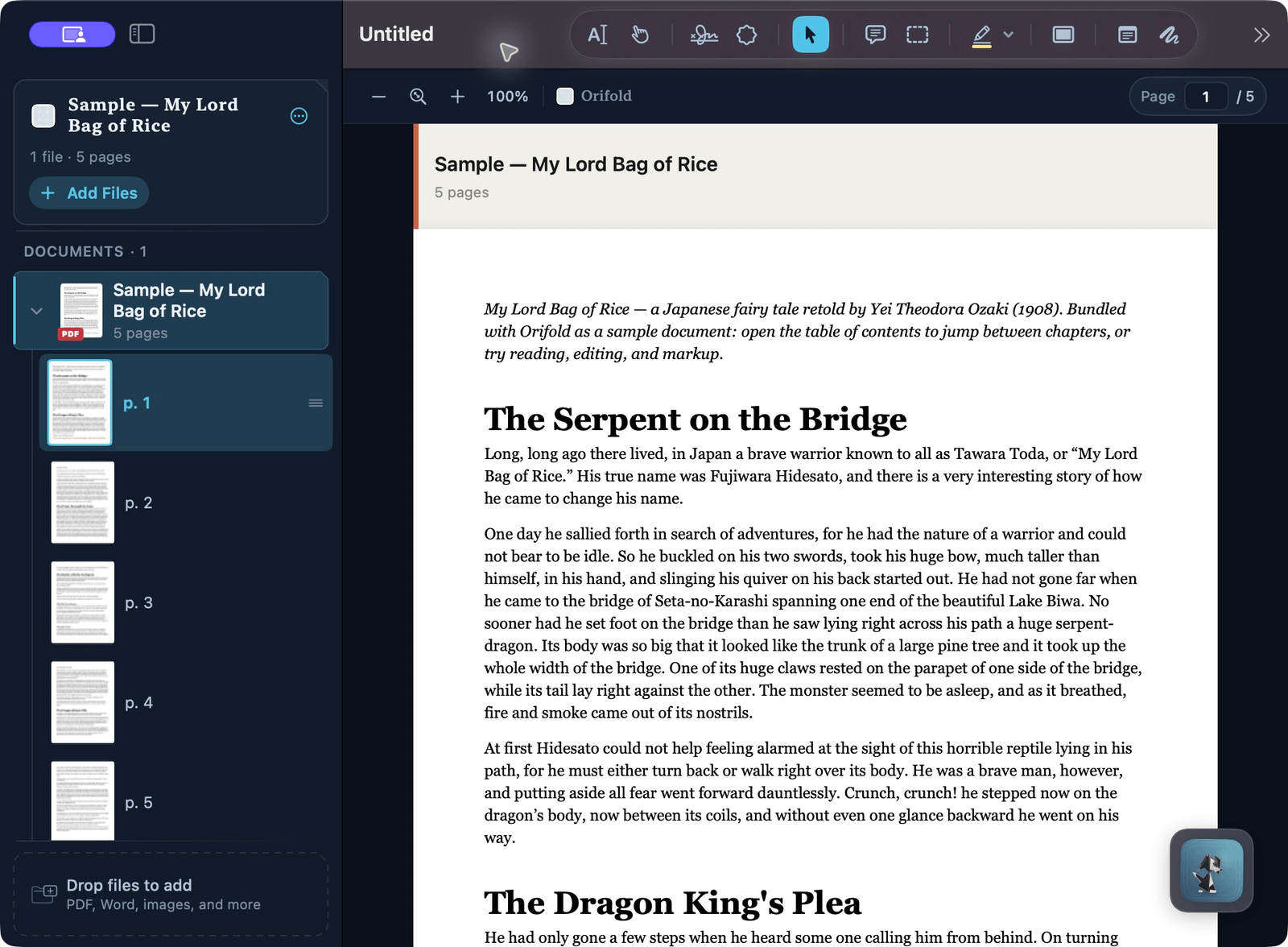 The current Orifold workspace with the bundled fictional My Lord Bag of Rice sample, expanded page thumbnails, editing toolbar, and PDF canvas.