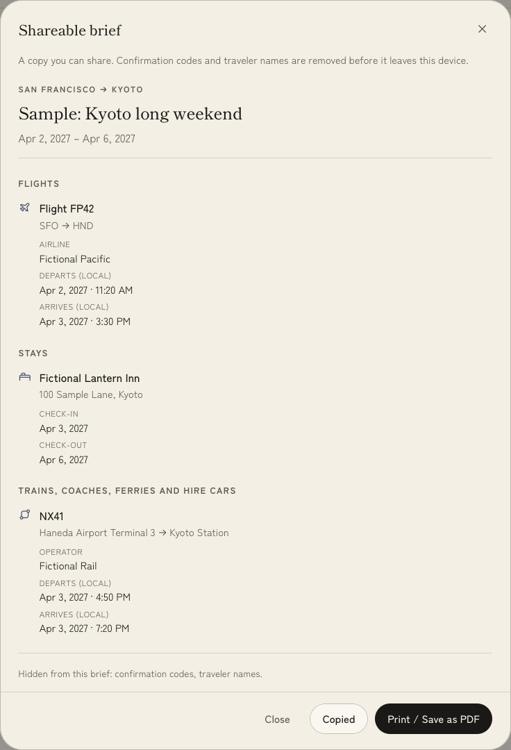 A fictional redacted Voyalier brief with flight, stay, surface journey, disclosure, and a successful Copied action.