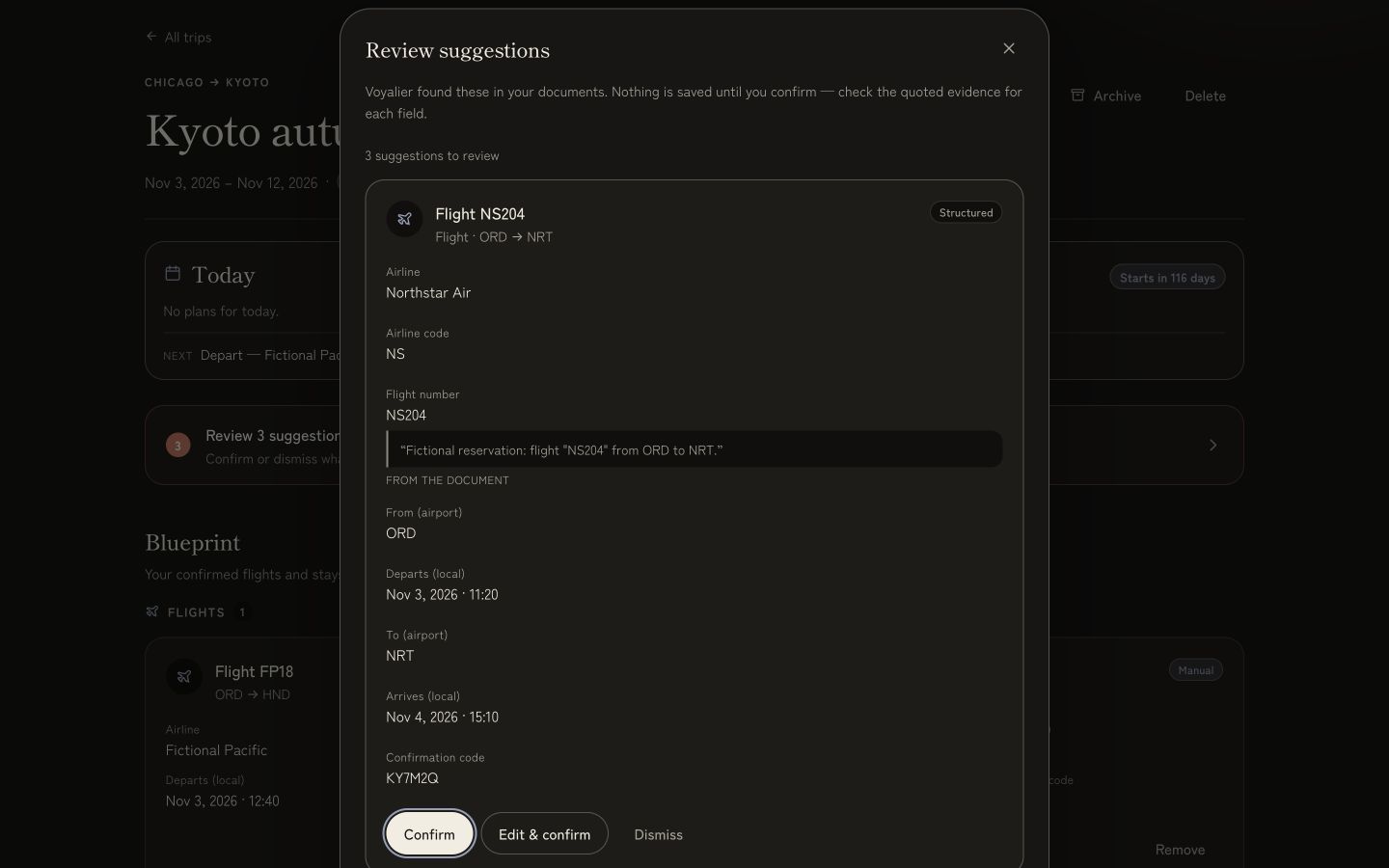 Voyalier review dialog comparing a suggested flight with a quoted source excerpt before confirm, edit, or dismissal.
