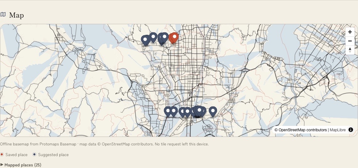 Voyalier offline map for a fictional Kyoto trip, with saved places in vermilion, suggested places in indigo, a text legend, and a mapped-place register.