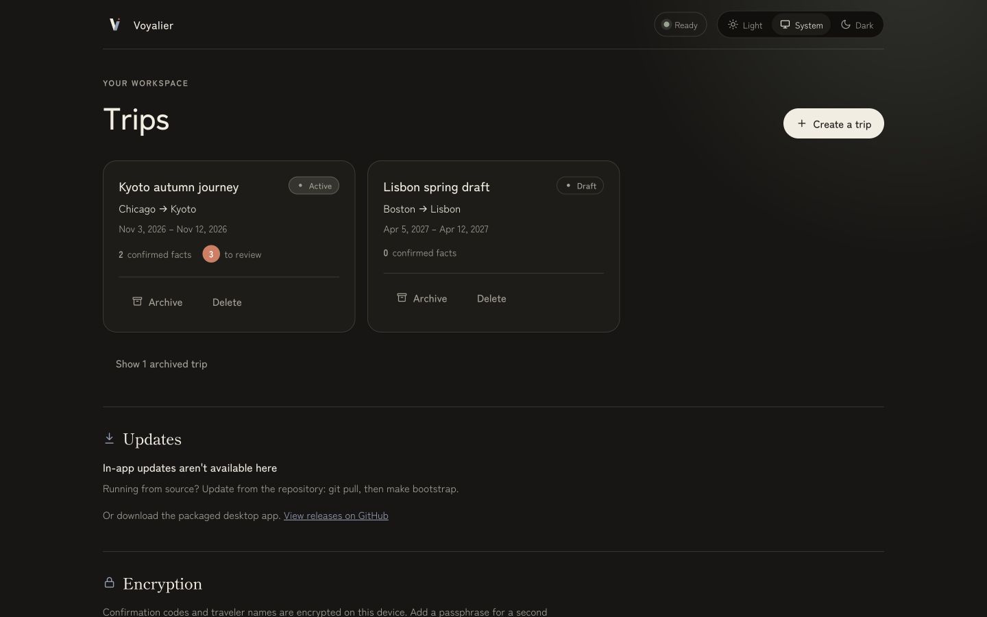 Voyalier trip list with active, draft, and archived journeys plus local update and encryption controls.